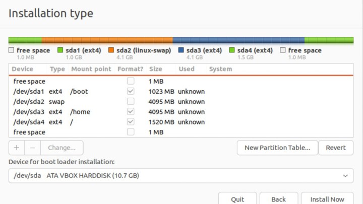 The Ubuntu partition setup table