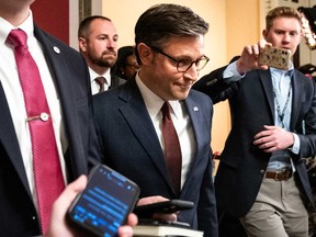 U.S. Speaker of the House Mike Johnson walks to the House Chamber ahead of a vote on a major aid package for Ukraine, Israel, and Taiwan, at the U.S. Capitol in Washington, D.C., on April 20, 2024.