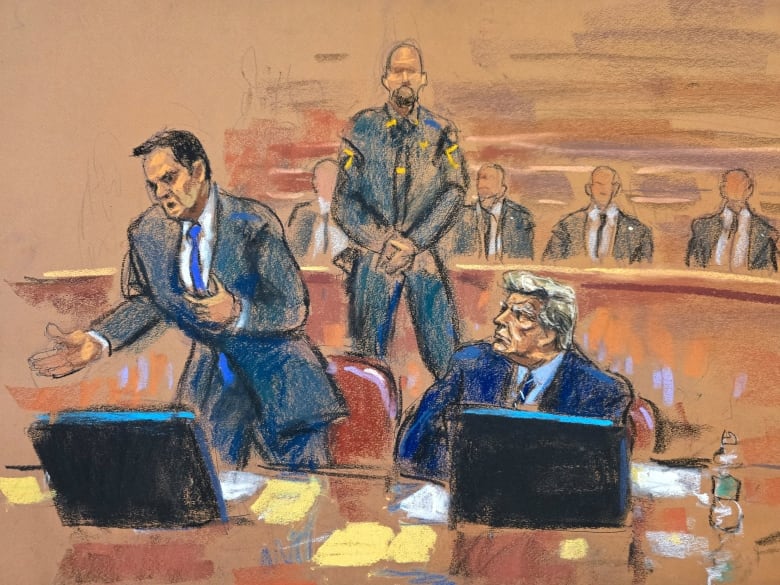 A court sketch featuring one man standing and speaking on the left. On the right sits another man. They have laptops in front of them. Behind them is a security guard.