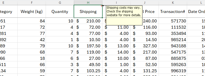 An Excel worksheet with a cell H1's note in view.