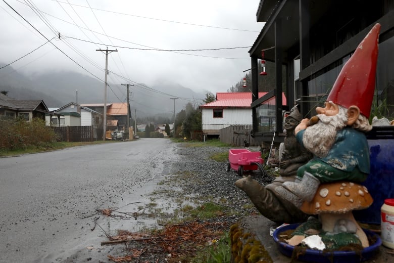 A gnome ornament on a rainy street.