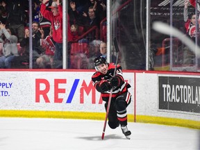 Moose Jaw Warriors forward Brayden Yager celebrates after scoring a goal during Game 2 of the WHL Eastern Conference semifinal against the Swift Current Broncos.