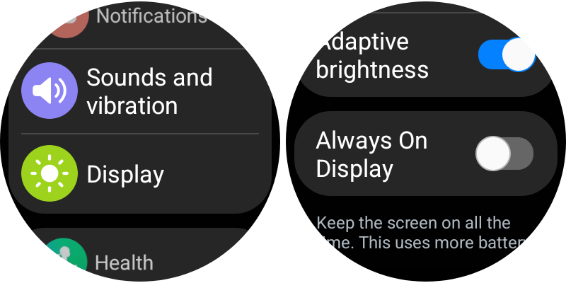 Always on display setting on Wear OS.