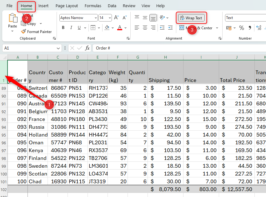 An Excel worksheet with the header row highlighted and 'Wrap Text' selected.