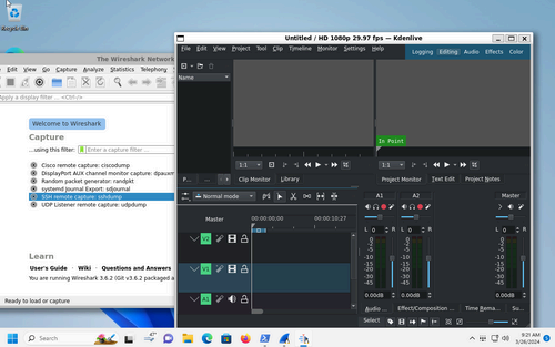Linux apps Kdenlive and Wireshark are running inside of Windows 11.