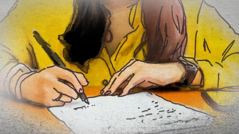 A sketch of a teen girl signing papers.