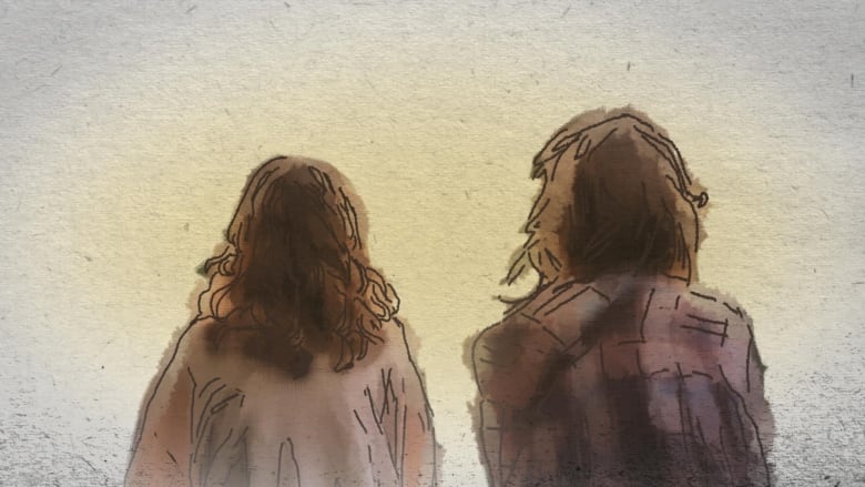 A sketch of the backs of two young people.