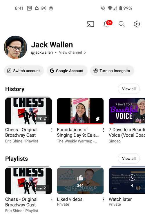 The YouTube app profile page.