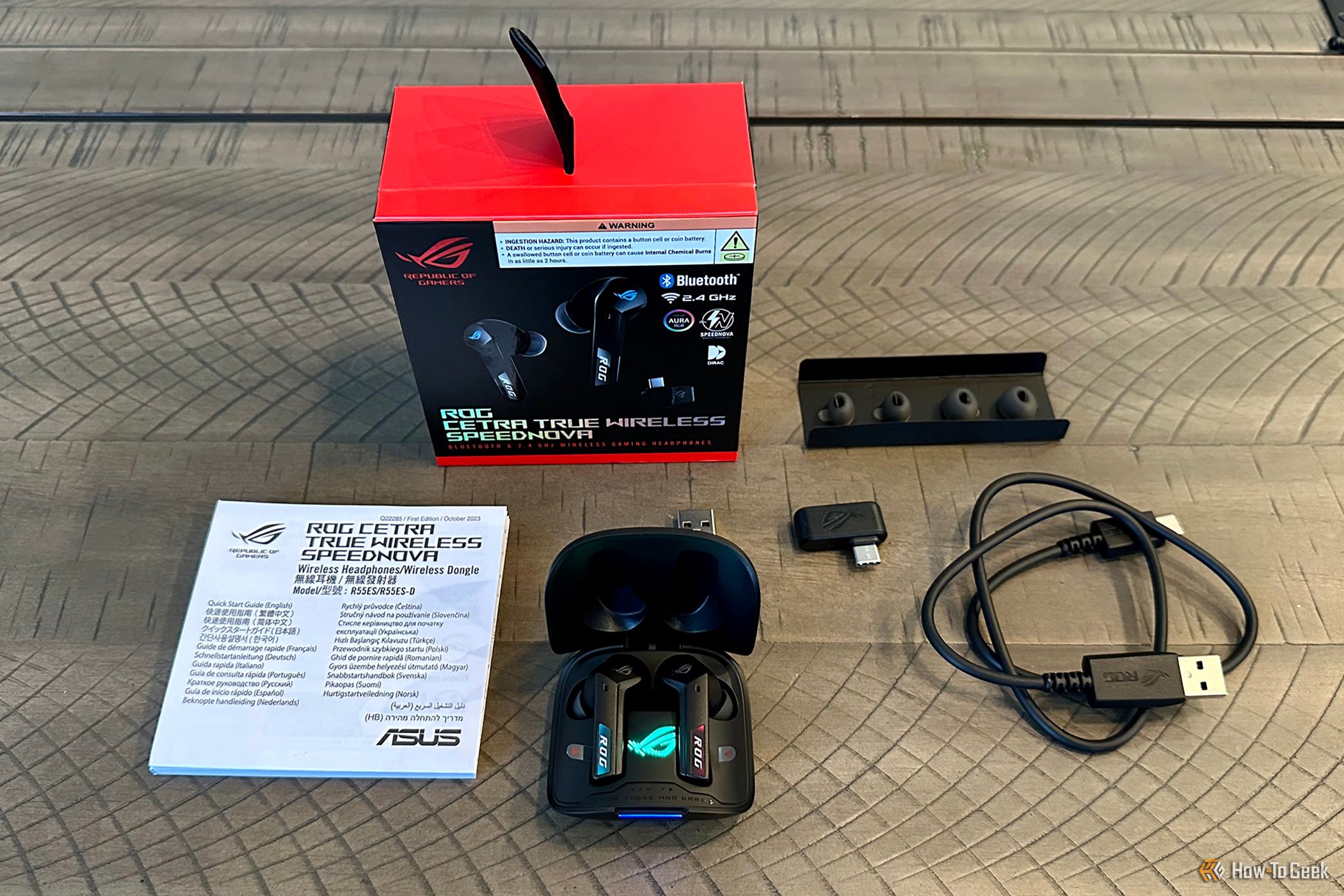 Package contents for ROG Cetra True Wireless SpeedNova Headphones