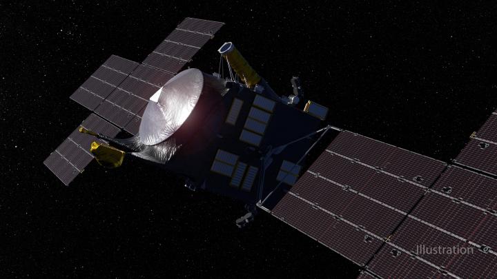 This artist’s concept depicts NASA’s Psyche spacecraft headed to the metal-rich asteroid Psyche in the main asteroid belt between Mars and Jupiter. The spacecraft launched in October 2023 and will arrive at its destination in 2029. 