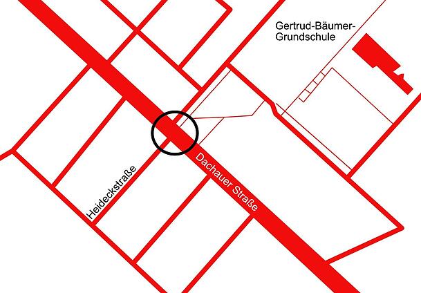 An der Ecke Heideckstraße/Dachauer Straße (umkreist) sehen Eltern der Gertrud-Bäumer-Grundschule große Gefahren für ihre Kinder.