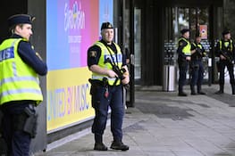 Police patrol outside the venue ahead of the opening ceremony for the 68th edition of the Eurovision Song Contest, at the Malmö Live Congress and Concert Hall, in Malmö, Sweden, Sunday, May 5, 2024. (Jessica Gow /TT News Agency via AP)