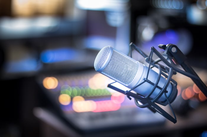 A microphone in a radio studio.