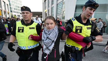 Die Klimaaktivistin Greta Thunberg wird von der Polizei während einer Protestkundgebung im Rahmen des Eurovision Song Contest abgeführt.