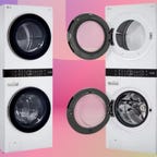 One closed and one open door set of LG WashTower stacked washer/dryers displayed against a variegated purple, pink and green background.