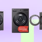 Three of the LG ventless WashCombo washer/dryer combo machines sit on a purple and pale green background.