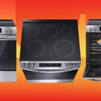 Three images of the Frigidaire glass top range (closed front, top view, and open front) are displayed against a variegated orange background.