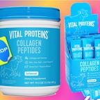 The Vital Protein Collagen Peptides powder bundle is displayed against a gradient orange and pink background with a price drop badge.