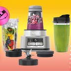 The Ninja Foodi Smoothie Bowl Maker and Nutrient Extractor kit is displayed against a gradient yellow and orange background with a sale badge.