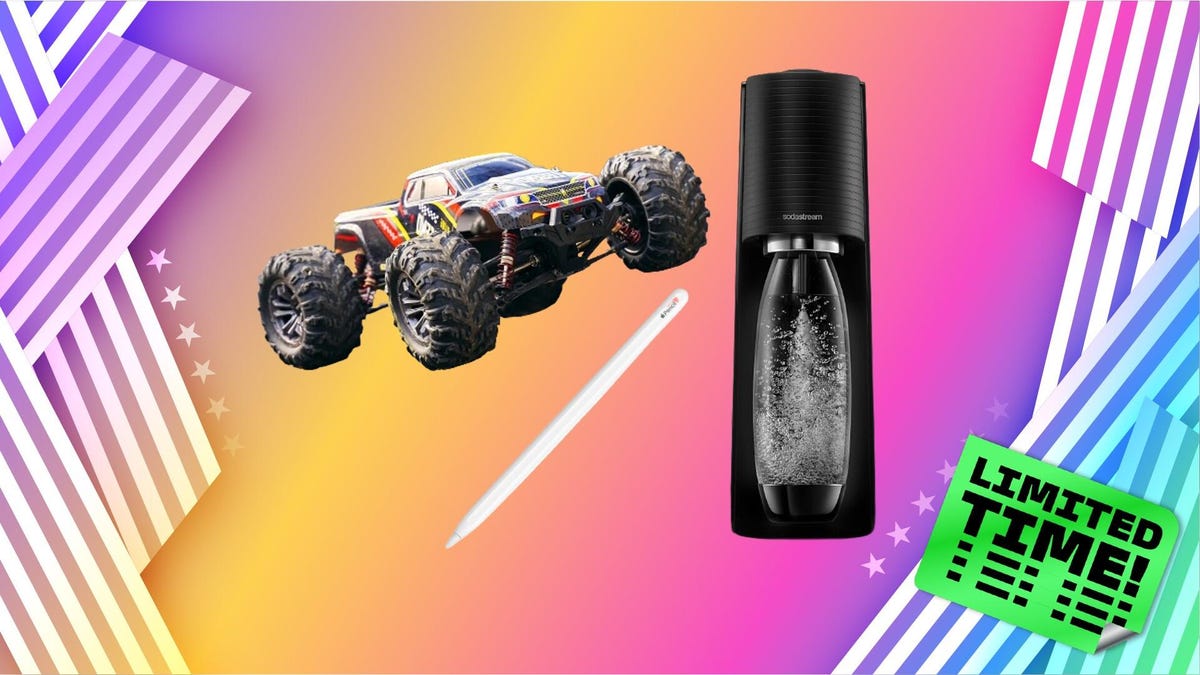 An RC Car, Apple Pencil 2 and a Sodastream on a colorful background