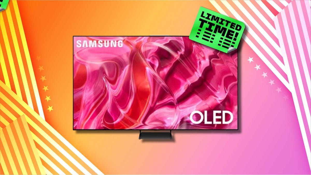 Samsung Oled S90C TV on orange and pink background with green limited-time sticker