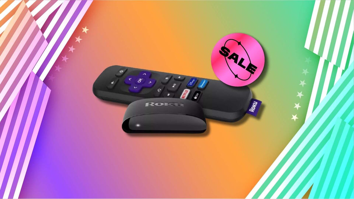 Roku stick on purple, orange and green background with pink sale sticker