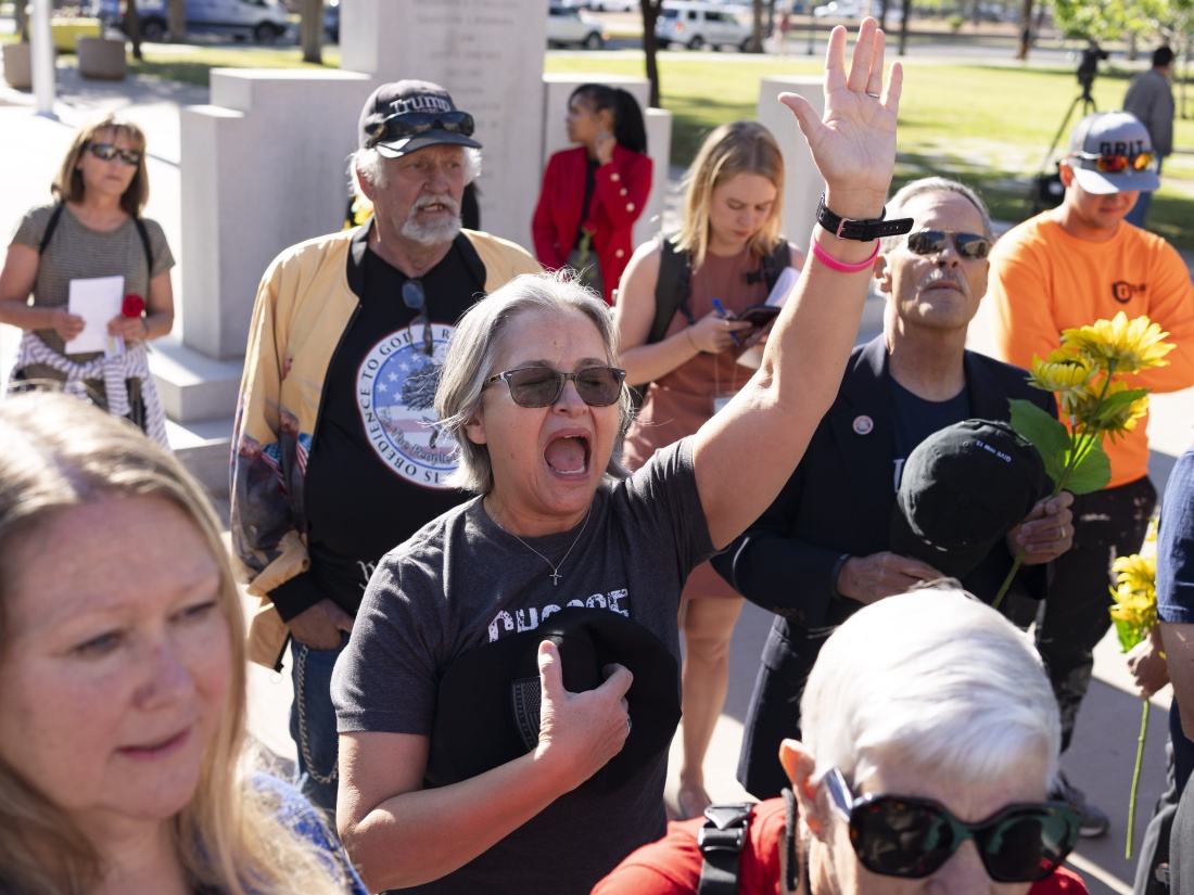 Supporters of abortion restrictions demonstrate before an Arizona House of Representatives session at the Arizona State Capitol on April 17, 2024, in Phoenix.