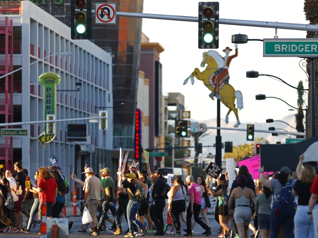 Abortion rights activists march in protest of the overturning of Roe v. Wade by the U.S. Supreme Court, in Las Vegas on June 24, 2022.