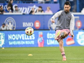 nter Miami's Lionel Messi plays the ball during the warm up at Stade Saputo ahead of an MLS soccer game against CF Montreal in Montreal, Saturday, May 11, 2024. THE CANADIAN PRESS/Graham Hughes