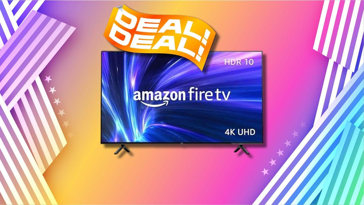 Amazon Fire TV on rainbow background with orange deal sticker