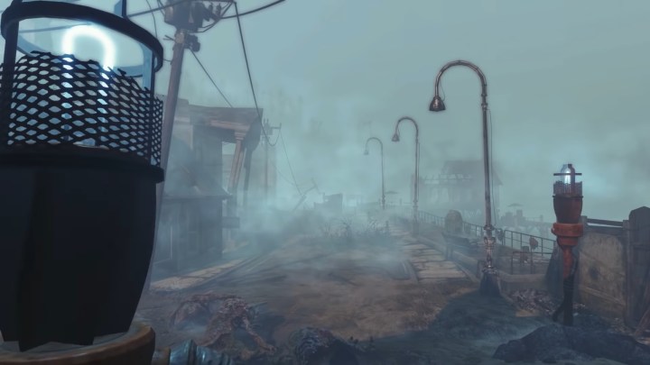 A creepy and misty dock in Fallout 4.