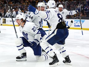 Matthew Knies of the Toronto Maple Leafs celebrates.