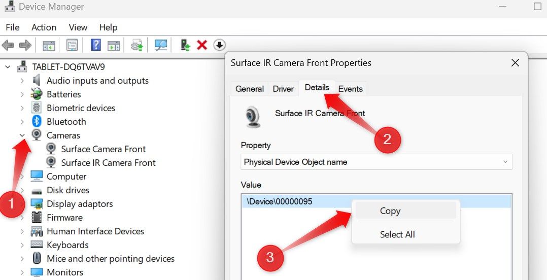 Copying the physical device object name of webcam in Device Manager.