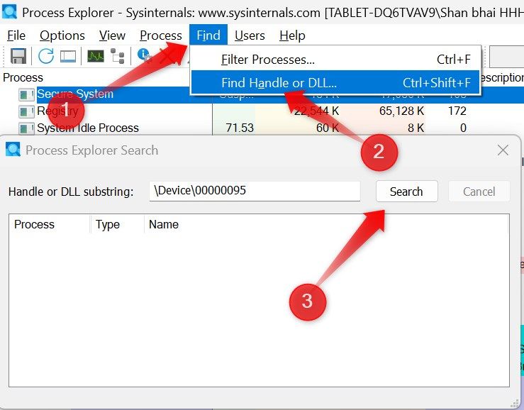 Searching for the processes using our camera in the Process Explorer application.