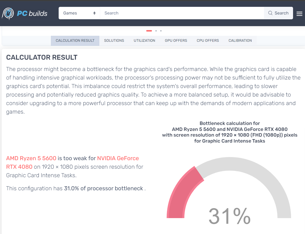 A bottleneck calculator showing the results for a Ryzen 5 5600 and RTX 4080.