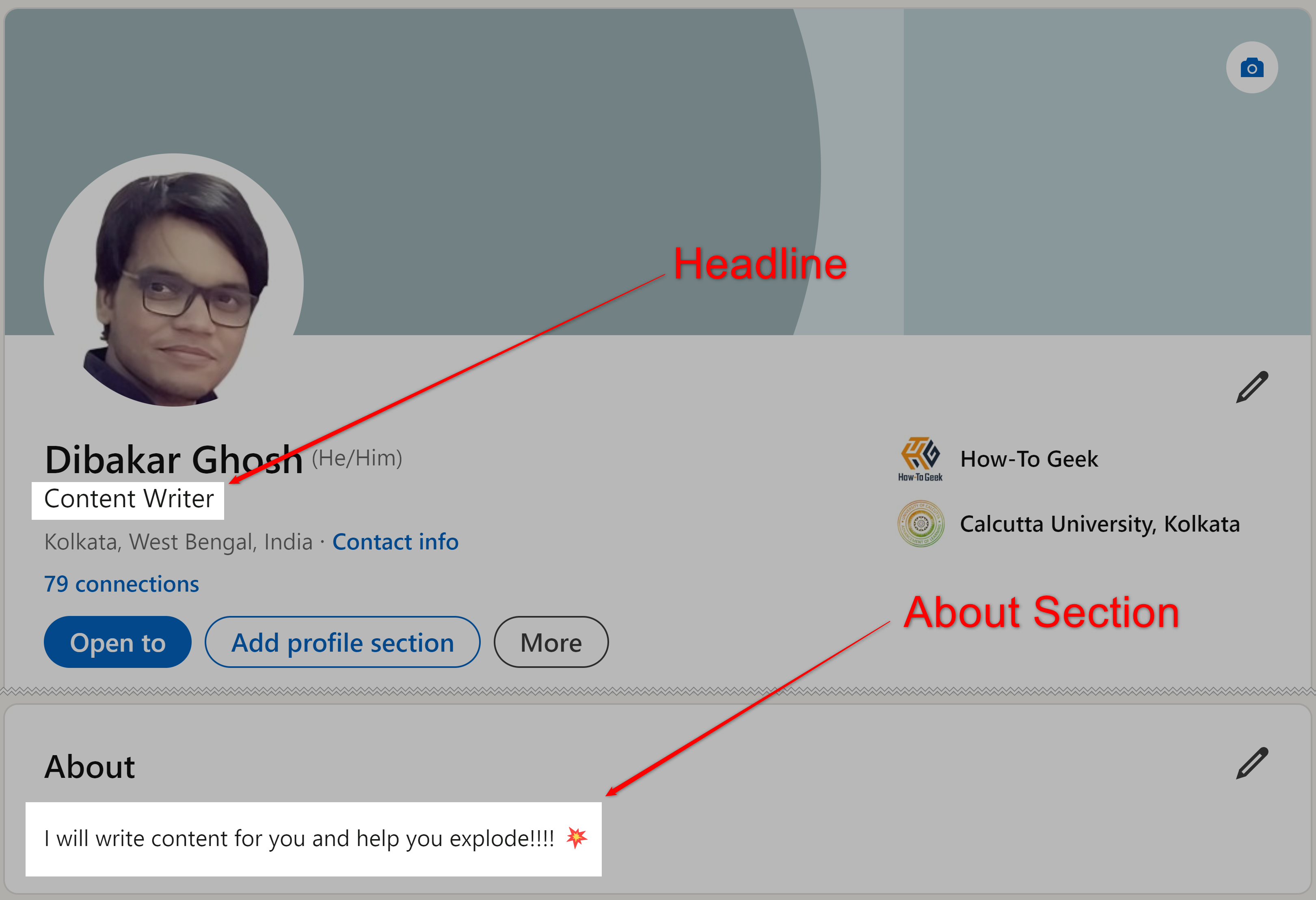 Dibakar Ghosh LinkedIn Headline and About Section Unoptimized