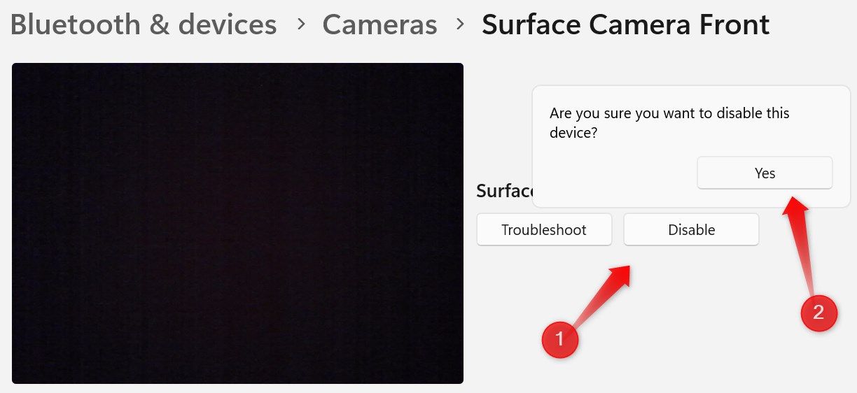 Disabling the camera in the Windows settings app.