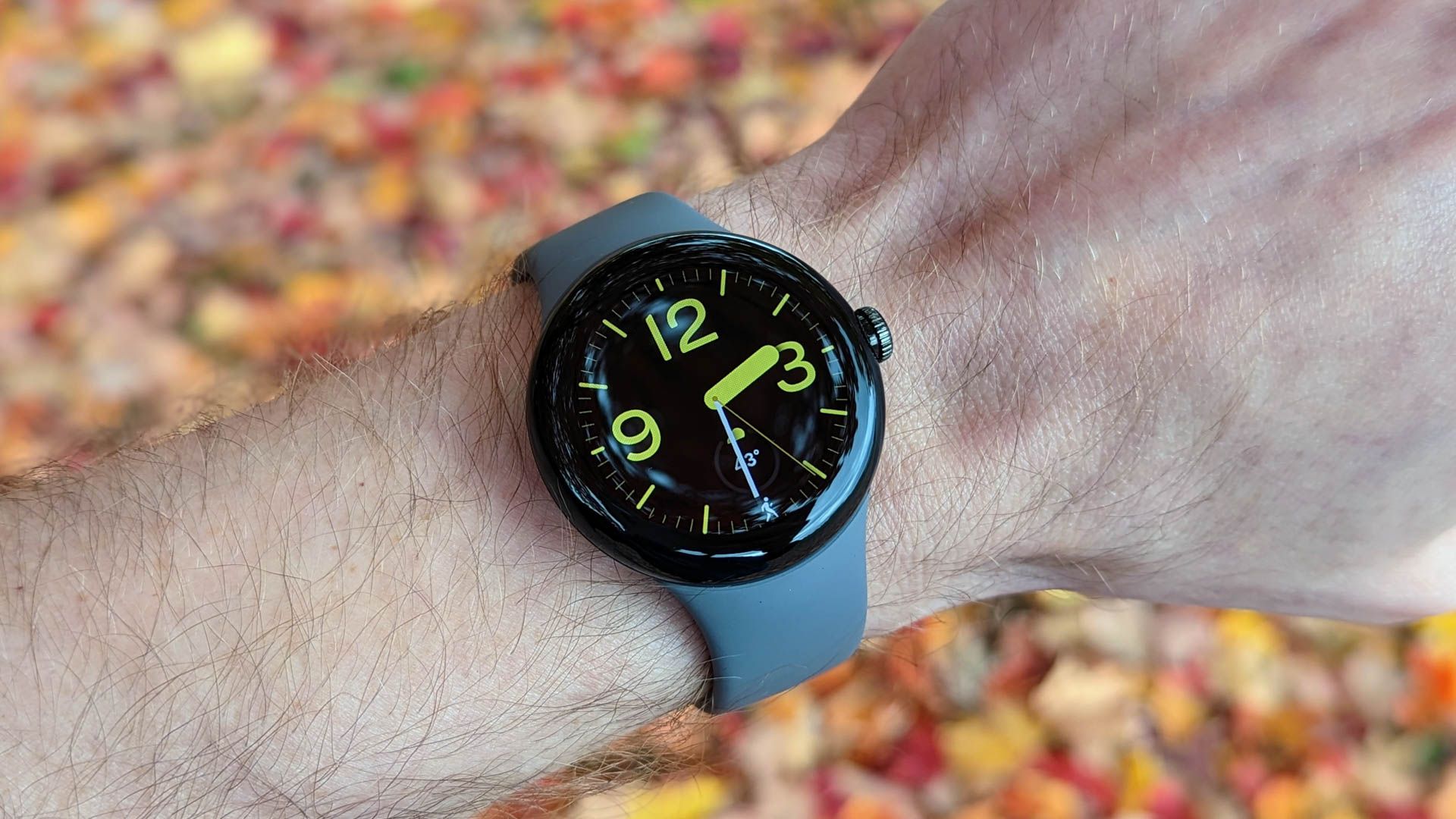 Analog watch face on the Google Pixel Watch.