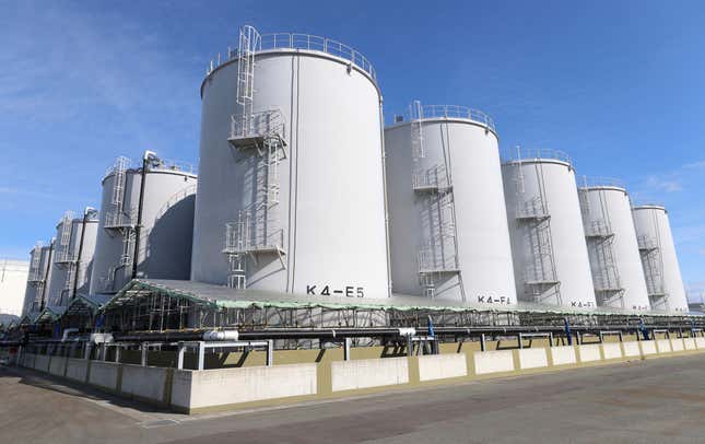 A photo shows tanks for storing treated water at Fukushima Daiichi  Nuclear Power Station of Tokyo Electric Power Company Holdings,  Incorporated in Okuma Town, Fukushima Prefecture on February 2, 2024. 