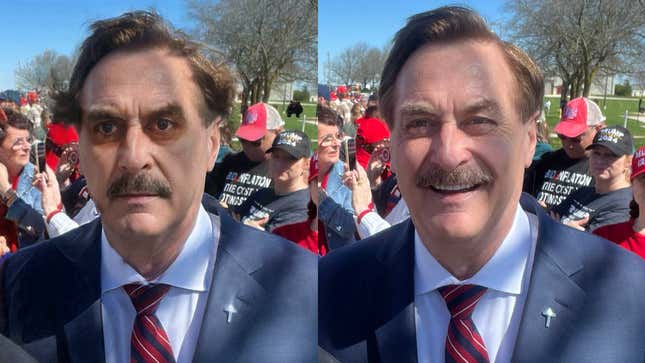 The altered image of Mike Lindell (left) along with the original image of him at a Trump rally in Wisconsin on May 1, 2024.
