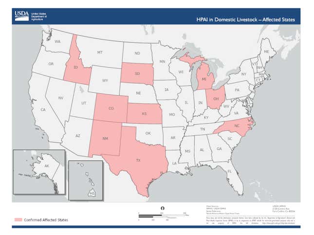 States with dairy cow infections of H5N1, according to the latest data from USDA.
