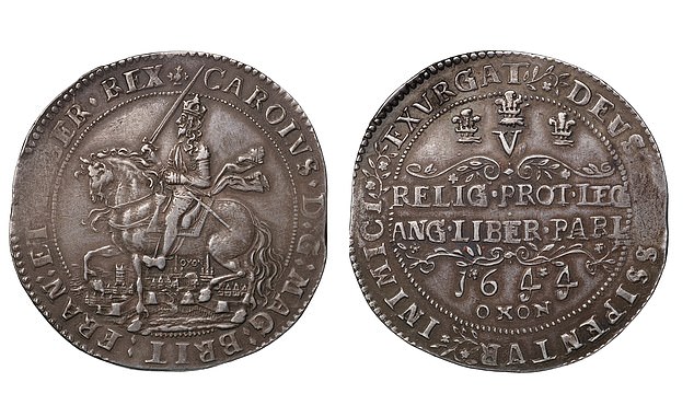 The Oxford Crown was minted in 1644 and shows King Charles I in battle at Oxford during the English Civil War