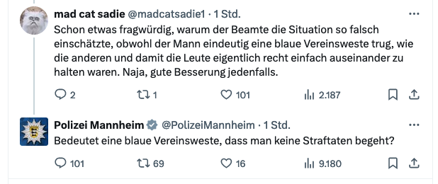 Antwort der Polizei Mannheims auf X Foto: Screenshot JF