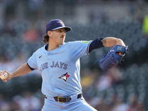 Blue Jays starting pitcher Kevin Gausman throws during the first inning against the Detroit Tigers, Thursday, May 23, 2024, in Detroit.