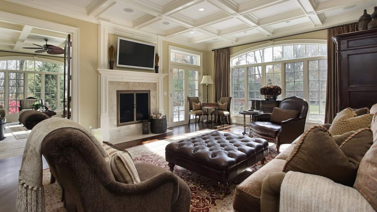 Large family room with fireplace and furniture