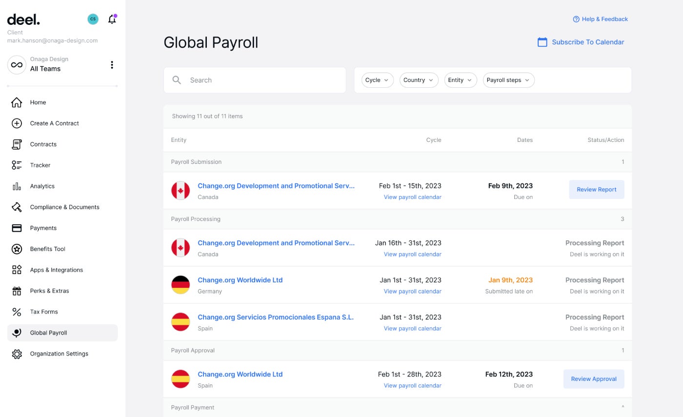 The global payroll module in Deel.