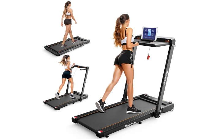 Hccsport 3 in 1 Under Desk Treadmill being used in three different ways