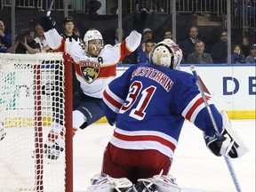 Panthers winger Matthew Tkachuk celebrates after scoring against Rangers goalie Igor Shesterkin in Game 1 of the Eastern Conference final in New York. Bruce Bennett/Getty Images