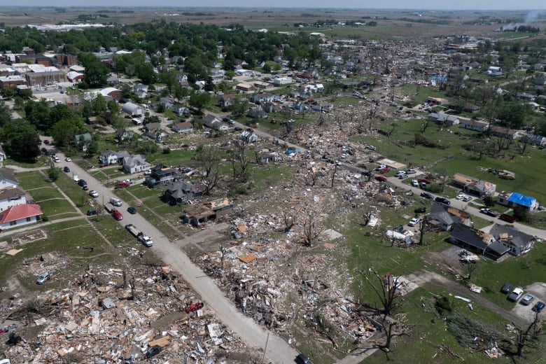 An aerial view shows the extent of the damage done in Greenfield, Iowa, where a tornado tore through a small town on Tuesday, May 21, 2024.