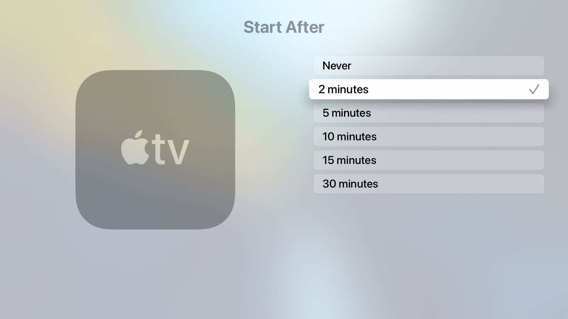 Screensaver settings on Apple TV with the start time set to 2 minutes.